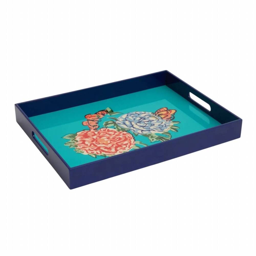 NEW LISA CORTI queen flower lacquered tray in blue